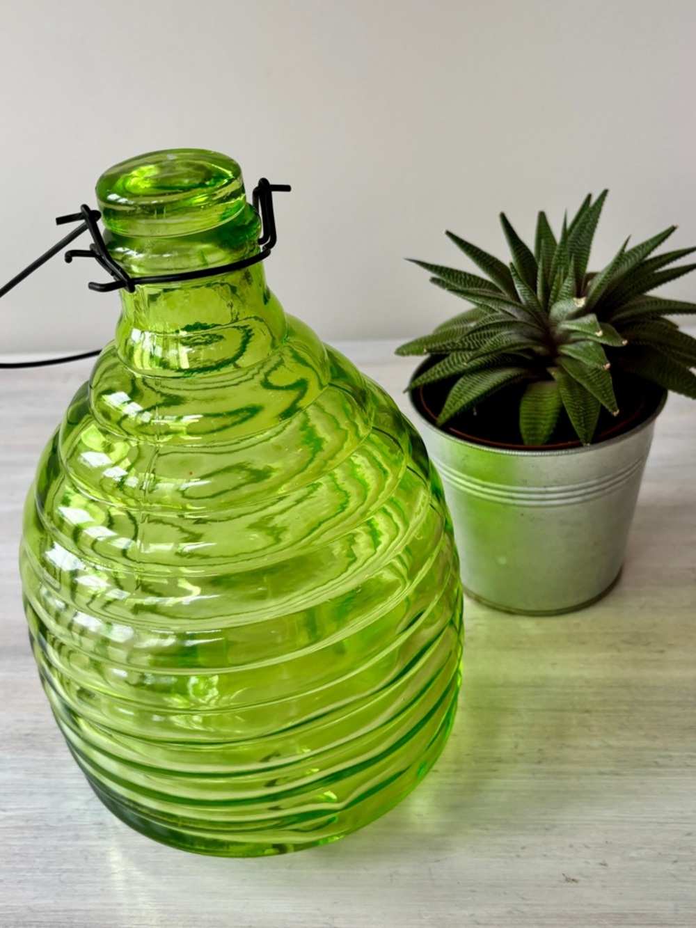 Green Ribbed Glass Bottle with Wire Closure